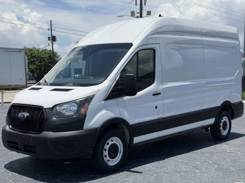 Horizontal photograph of a 2021FordTransit 250 Cargo VanHigh Roof Van 3D
